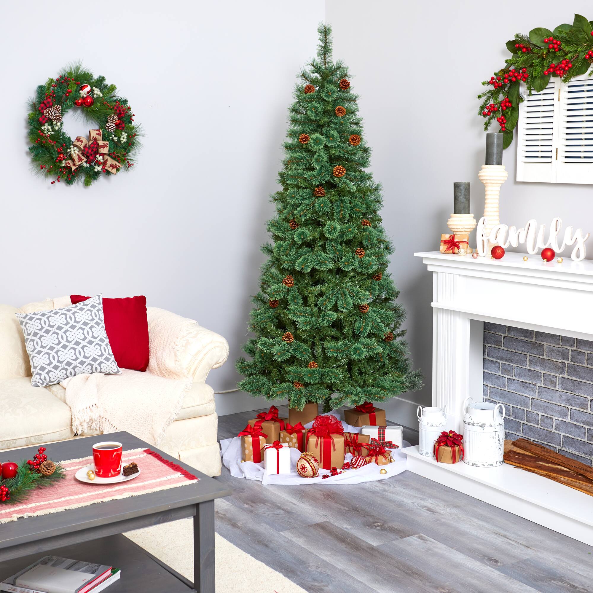 7ft. Pre-Lit White Mountain Pine & Pinecones Artificial Christmas Tree with Clear LED Lights